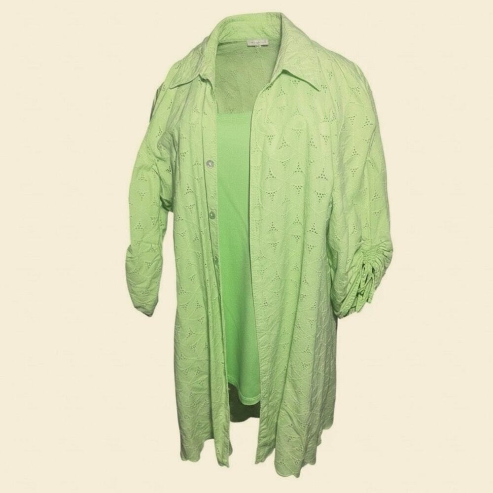 Susan Graver Eyelet Button up Shirt And Matching Knit Tank Light Green Size XL